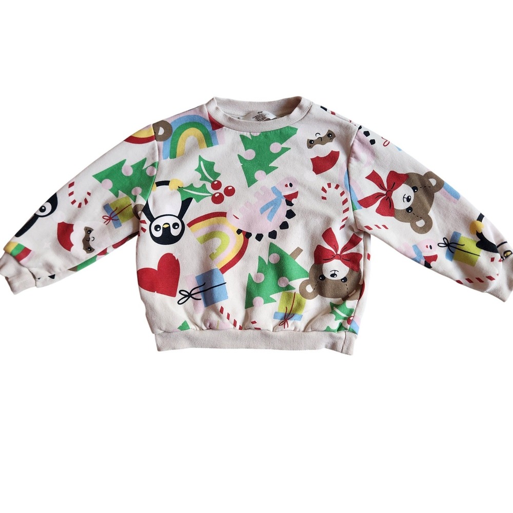 Kids Christmas Holiday Sweatshirt Teddy Bear Penguin Print Cream size 3-4T